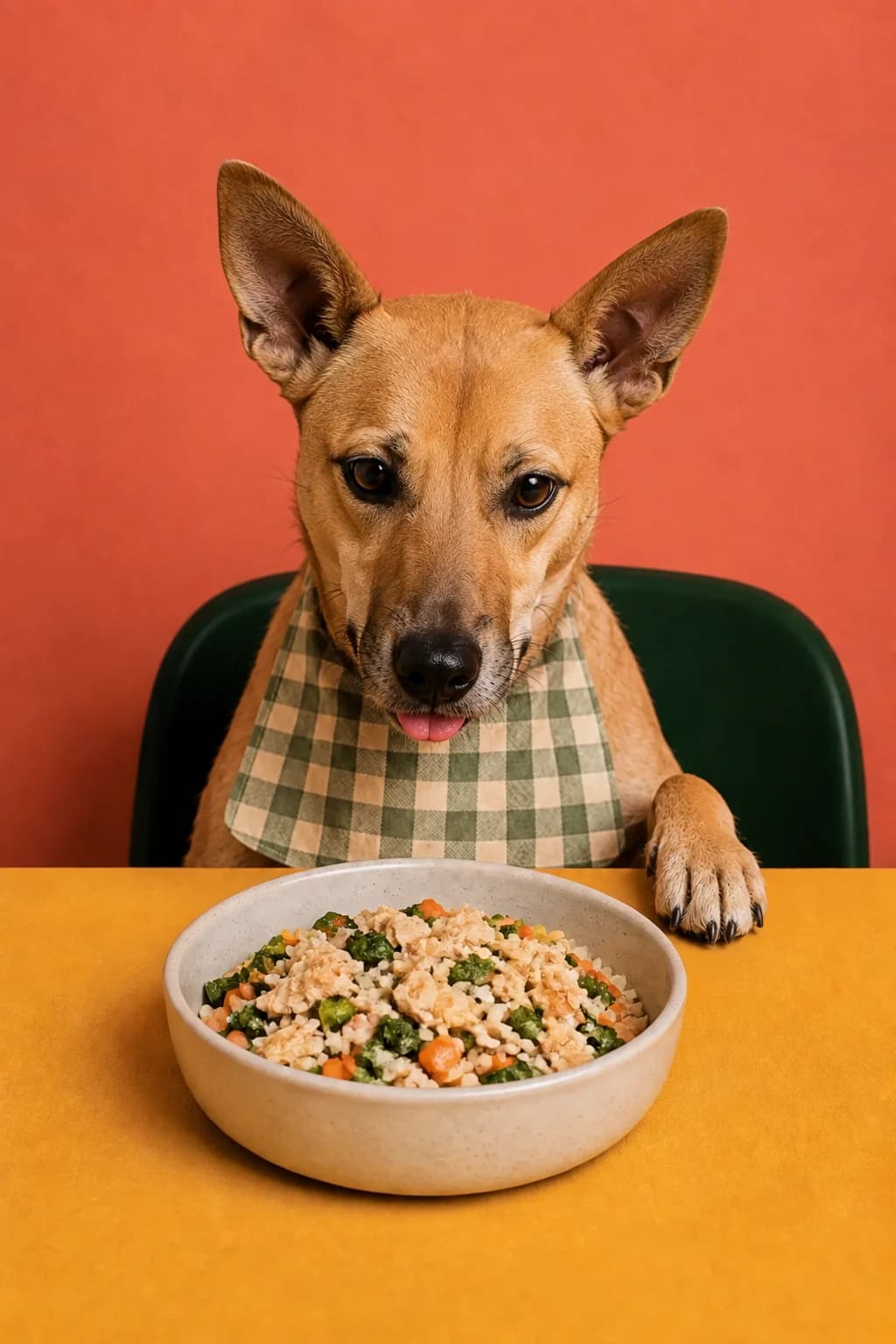An Indian Indie dog in a checked dinner bib waiting eagerly behind a bowl of fresh chicken, rice, and vegetables
