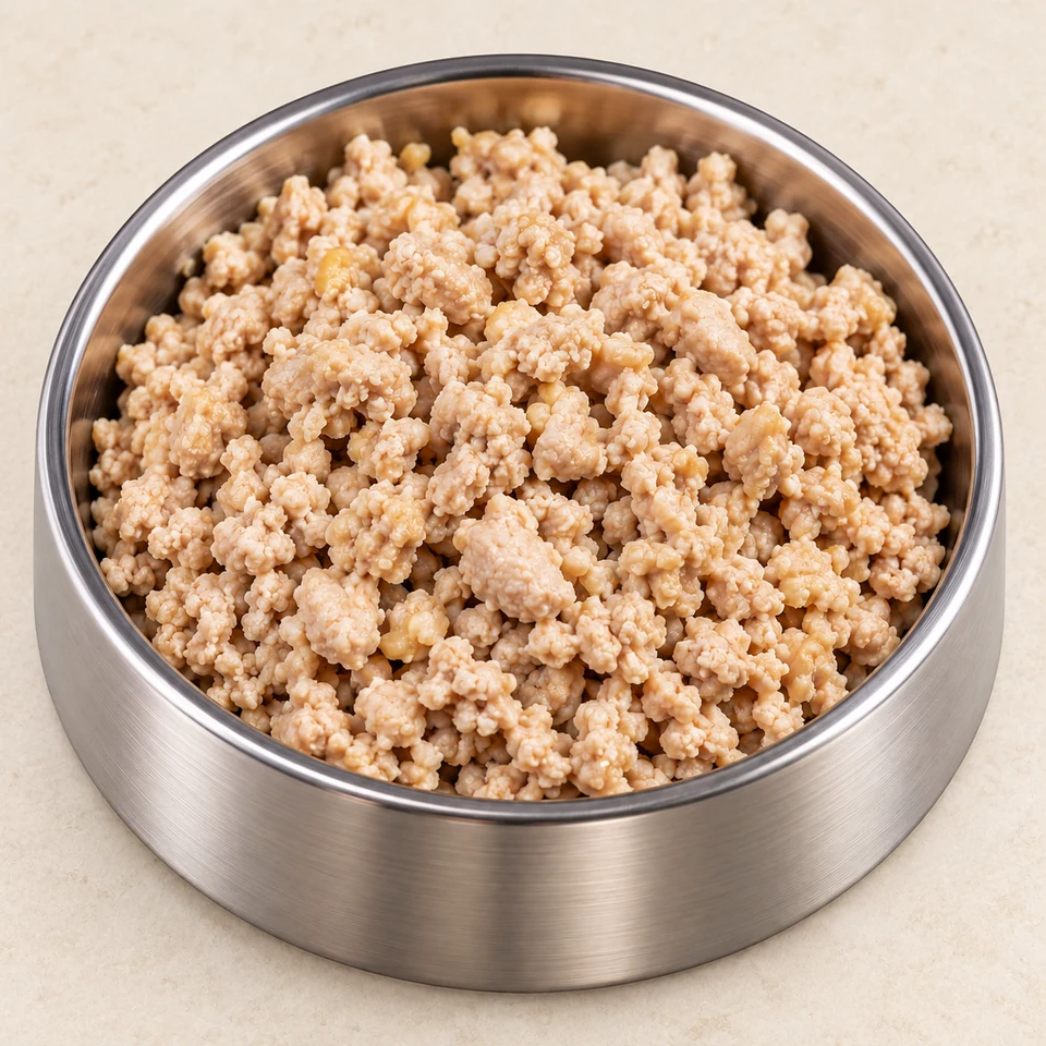 Plain minced chicken in a stainless steel dog bowl