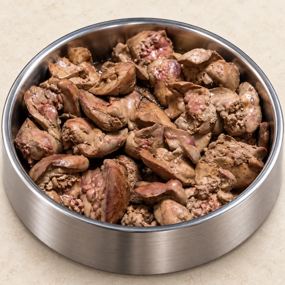 Plain chicken liver pieces in a stainless steel dog bowl