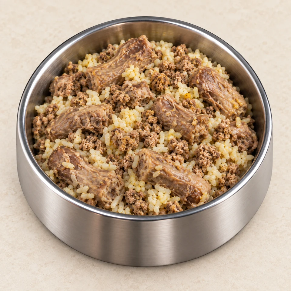 Double Protein Meal with chicken neck pieces, minced chicken and rice in a stainless steel dog bowl