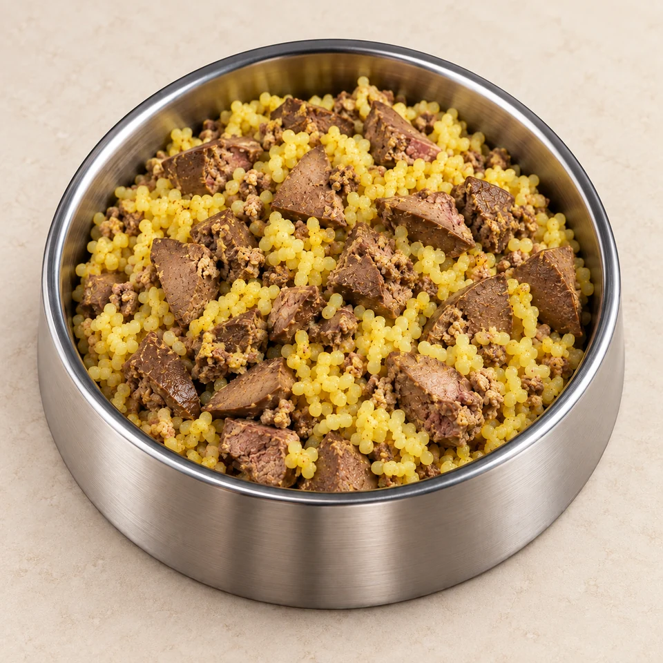 Liver Meal with chicken liver pieces and yellow rice in a stainless steel dog bowl