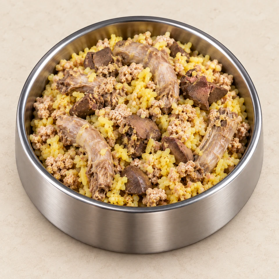 Power Liver and Neck Meal with liver, chicken neck pieces and rice in a stainless steel dog bowl